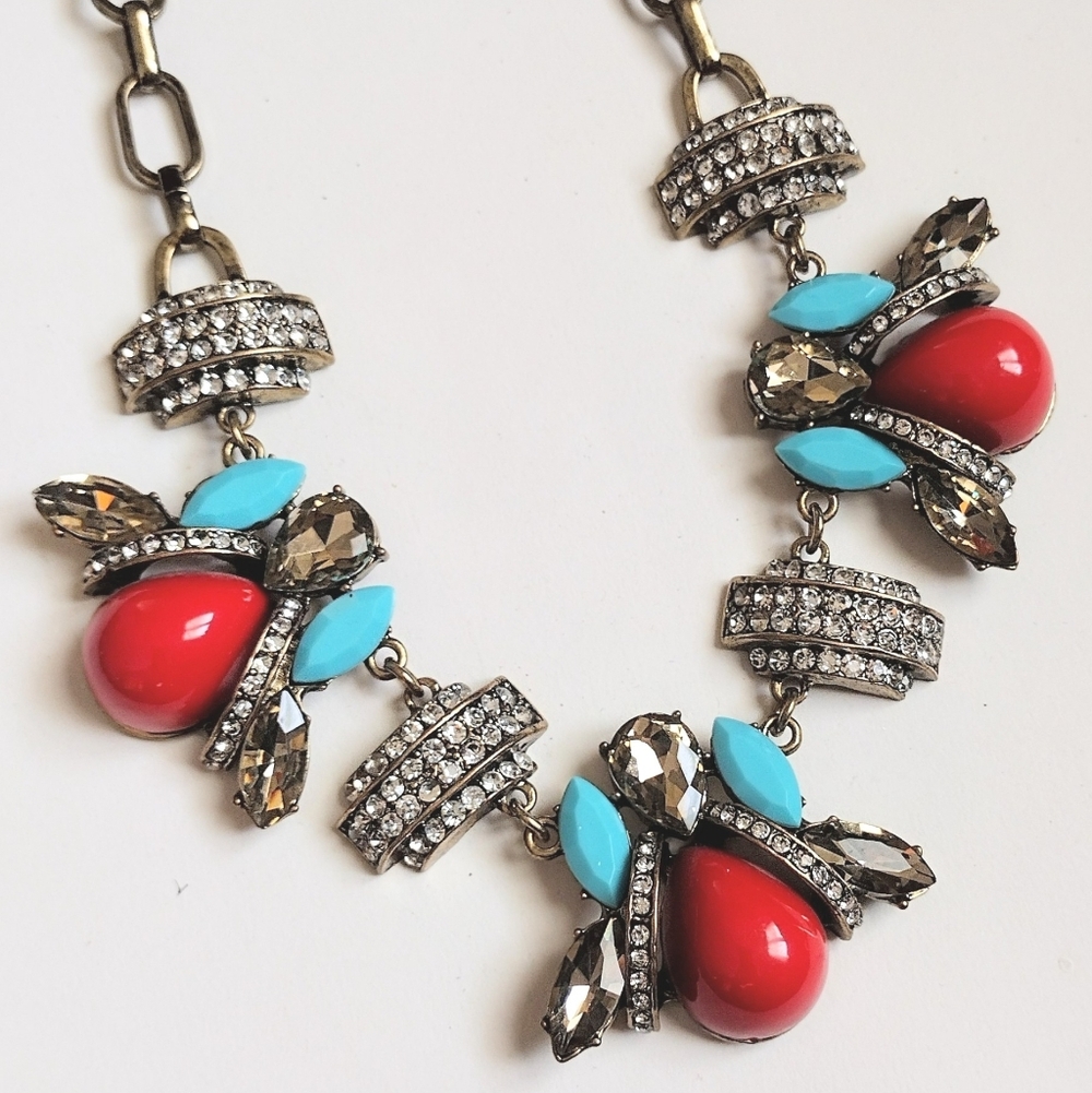 ❤️ J Crew Red Turquoise Bubble Bee Rhinestone Statement Bib Collar Necklace - Picture 2 of 6